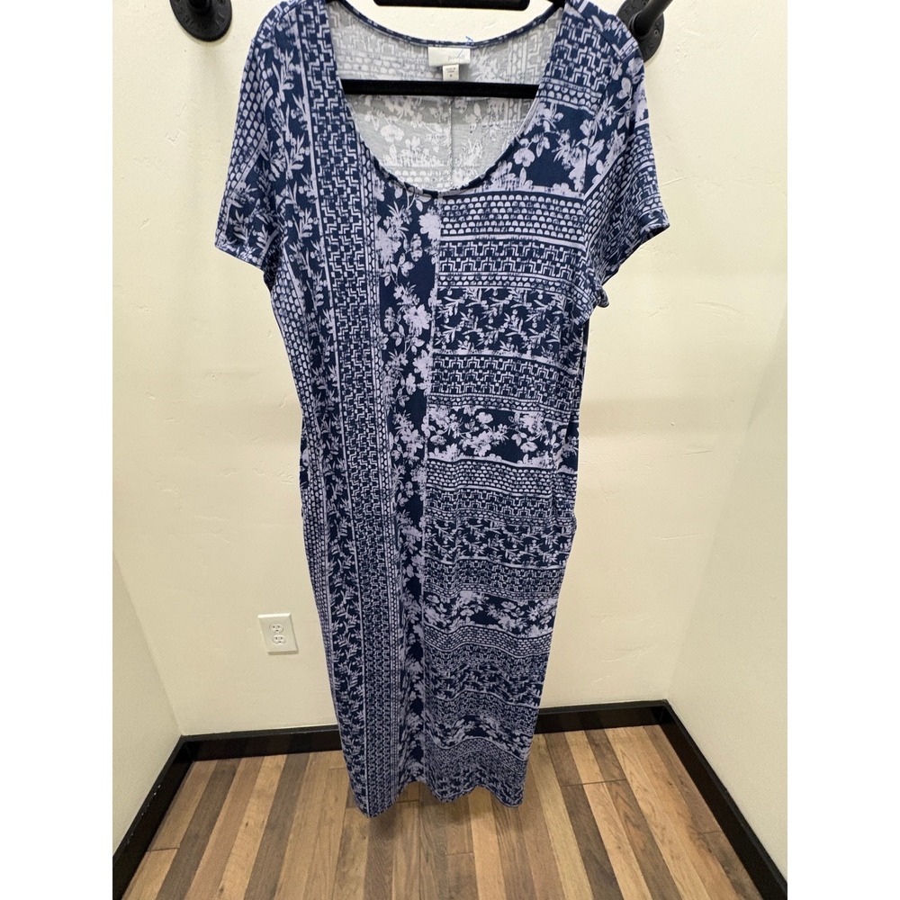 Pure‎ Jill J. Jill Navy Blue Floral Patchwork Dress Pockets Medium Short Sleeve